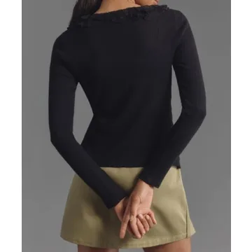 Anoumcy Long Sleeve Rib Knit Button Down Ruffles Tops Shirts for Women Casual V Neck Y2k Fitted Top 2024 Fall Outfits Black M