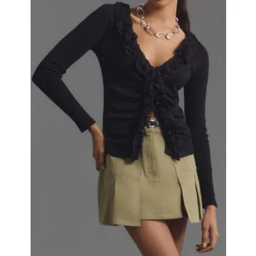 Anoumcy Long Sleeve Rib Knit Button Down Ruffles Tops Shirts for Women Casual V Neck Y2k Fitted Top 2024 Fall Outfits Black M