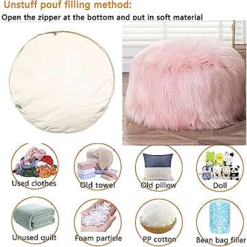 Asuprui Fur Pouf Ottoman Stool Floor Bean Bag Chair NO Filler Ottoman Foot Rest Unstuffed Ottoman Poof Covers 20x12 Inches Round Poof Seat Foot Rest Storage for Living Room Bedroom Pink Cover ONLY