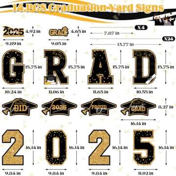 Graduation Yard Sign, 14 PCS Black Gold Large Congrats Grad Lawn Stakes, Class of 2025 Yard Signs wi...