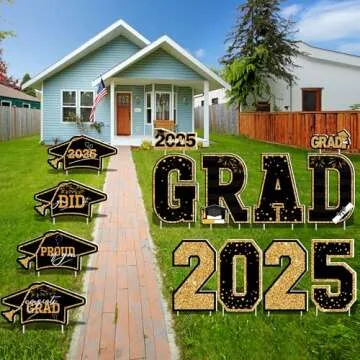 Graduation Yard Sign, 14 PCS Black Gold Large Congrats Grad Lawn Stakes, Class of 2025 Yard Signs with Stakes, Graduation Party Decorations Outdoor, Graduation Yard Decor for College High School