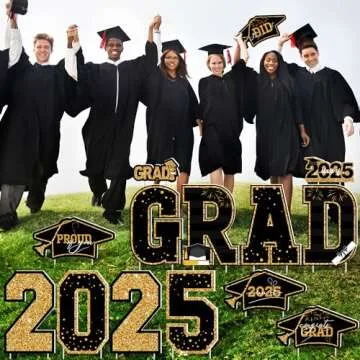 Graduation Yard Sign, 14 PCS Black Gold Large Congrats Grad Lawn Stakes, Class of 2025 Yard Signs with Stakes, Graduation Party Decorations Outdoor, Graduation Yard Decor for College High School