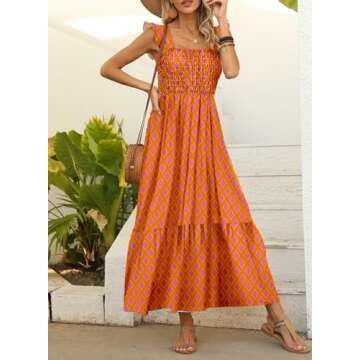 LOLONG Womens Maxi Dress Summer Boho Spaghetti Strap Square Neck Ruffle Sleeveless Print Beach Flowy...