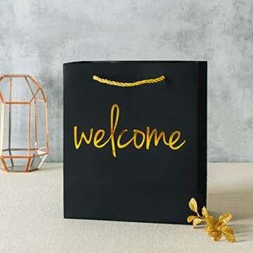 Crisky Welcome Black Gold Gift Bags for Wedding Hotel Guests, Birthday, Baby Shower, Party Favors, Set of 25