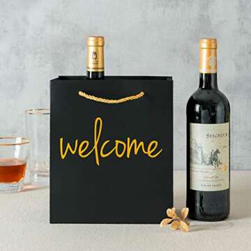 Crisky Welcome Black Gold Gift Bags for Wedding Hotel Guests, Birthday, Baby Shower, Party Favors, Set of 25