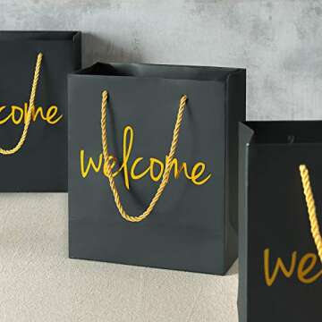 Crisky Welcome Black Gold Gift Bags for Wedding Hotel Guests, Birthday, Baby Shower, Party Favors, Set of 25