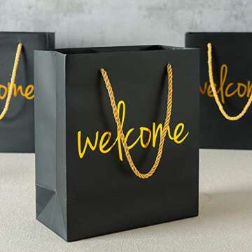 Crisky Welcome Black Gold Gift Bags for Wedding Hotel Guests, Birthday, Baby Shower, Party Favors, Set of 25