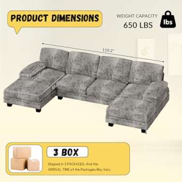 JUMMICO Sectional Couches for Living Room, U Shaped Couch with Chenille Fabric, 4 Seat Modern Sofa w...