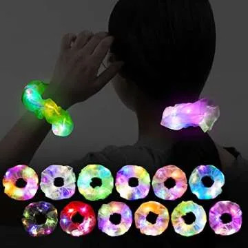 YL Mainland 12PCS LED Scrunchies, Glow in the Dark Hair Ties with Premium Gift Bag, Light Up Hair Accessories for Women, 3 Light Modes, Colorful Meteor Yarn Hair Ties, Hair Bands for Neon Glow Party