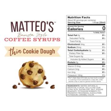 Matteo's Barista Style Sugar-Free Coffee Syrup, Cookie Dough Flavor, Zero Calories and Sugar, Keto Friendly, Ideal for Lattes, Cappuccinos, Espresso, Americano, Indulgent Taste 33.8 Oz, 1-Pack