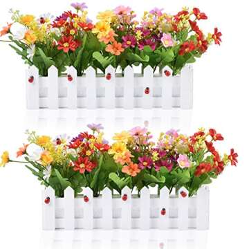 Vibrant XONOR Artificial Flower Plants in Picket Fence Pot - Set of 2 for Home Decor
