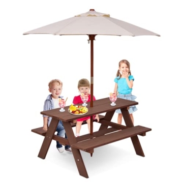 BETTARY Kids Picnic Table, Wooden Toddler Activity Table with Removable Umbrella, Children Backyard ...
