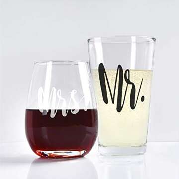 Mr and Mrs Stemless Wine Glass and Beer Glass Set of 2 - Funny Gifts for Him Her Wife Husband Couple...