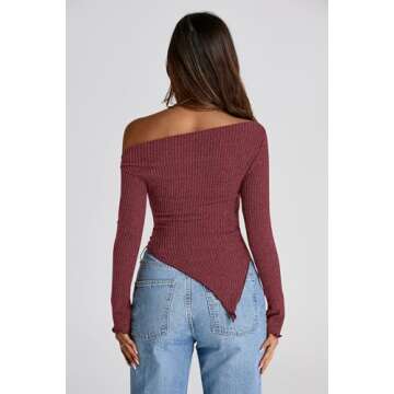 PRETTYGARDEN Women's Long Sleeve Y2K Crop Top Trendy Off Shoulder Asymmetrical Fitted Knit Tee Shirts Going Out Tops (Wine Red,Small)
