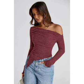 PRETTYGARDEN Women's Long Sleeve Y2K Crop Top Trendy Off Shoulder Asymmetrical Fitted Knit Tee Shirts Going Out Tops (Wine Red,Small)