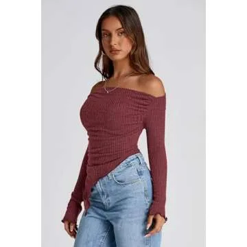 PRETTYGARDEN Women's Long Sleeve Y2K Crop Top Trendy Off Shoulder Asymmetrical Fitted Knit Tee Shirts Going Out Tops (Wine Red,Small)