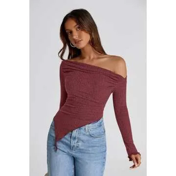 PRETTYGARDEN Women's Long Sleeve Y2K Crop Top Trendy Off Shoulder Asymmetrical Fitted Knit Tee Shirts Going Out Tops (Wine Red,Small)