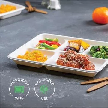 100% Compostable, 5 Compartment, Disposable Paper Plates [125-Pack] - {PFAS Free} - {BPA Certified} - [10 Inch] Heavy Duty Biodegradable Bagasse Sectional Lunch Trays + Dividers - Divided Platter Tray