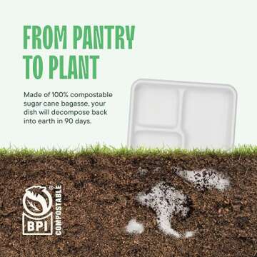 100% Compostable, 5 Compartment, Disposable Paper Plates [125-Pack] - {PFAS Free} - {BPA Certified} - [10 Inch] Heavy Duty Biodegradable Bagasse Sectional Lunch Trays + Dividers - Divided Platter Tray