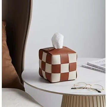 Anhixuse Tissue Box Cover, Square Tissue Box Holder, Modern PU Leather Weave, Stylish Checkerboard D...