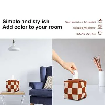 Anhixuse Tissue Box Cover, Square Tissue Box Holder, Modern PU Leather Weave, Stylish Checkerboard Design for Living Room, Decorative Shelf, Bathroom Counter Top, Bedside Table, Desk (Brown)