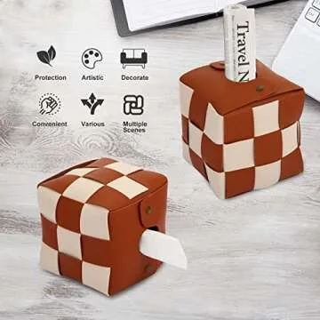 Anhixuse Tissue Box Cover, Square Tissue Box Holder, Modern PU Leather Weave, Stylish Checkerboard Design for Living Room, Decorative Shelf, Bathroom Counter Top, Bedside Table, Desk (Brown)