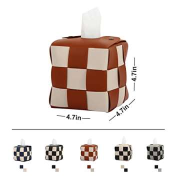 Anhixuse Tissue Box Cover, Square Tissue Box Holder, Modern PU Leather Weave, Stylish Checkerboard Design for Living Room, Decorative Shelf, Bathroom Counter Top, Bedside Table, Desk (Brown)