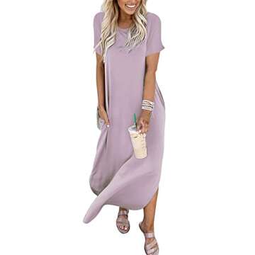 ANRABESS Women's Summer Casual Loose Short Sleeve Long T Shirt Dress Split Maxi Beach Sundress Travel Vacation Outfits Lilac Medium
