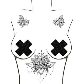 Neva Nude Black Malice Glitter X Factor Nipztix Pasties Nipple Covers for Festivals, Raves, Parties, Lingerie and More, Medical Grade Adhesive, Waterproof and Sweatproof, Made in USA