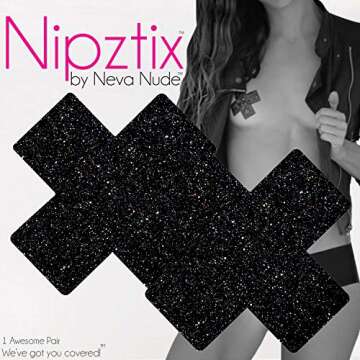 Neva Nude Black Malice Glitter X Factor Nipztix Pasties Nipple Covers for Festivals, Raves, Parties, Lingerie and More, Medical Grade Adhesive, Waterproof and Sweatproof, Made in USA