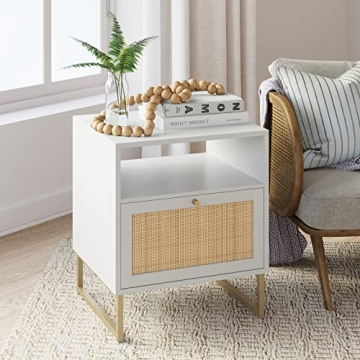 Nathan James Mina Rattan Wood End Side Accent Table Nightstand with Storage for Living Room or Bedro...