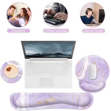 Ergonomic Mouse Pad with Wrist Rest and Keyboard Wrist Rest, Memory Foam Wrist Rest for Computer Keyboard, Easy Typing, Pain Relief, Mouse Pad Wrist Support for Gaming,Office, Laptop, Purple Marble