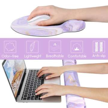 Ergonomic Mouse Pad with Wrist Rest and Keyboard Wrist Rest, Memory Foam Wrist Rest for Computer Keyboard, Easy Typing, Pain Relief, Mouse Pad Wrist Support for Gaming,Office, Laptop, Purple Marble