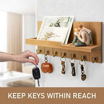 Rebee Vision Decorative Key Holder for Wall Shelf - Farmhouse Wood Wall Hanging Mail Organizer with ...