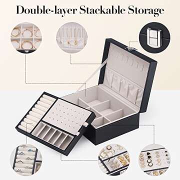 COOYUY Jewelry Box for Women Girls Wife Ideal Gift, Double Layer Jewelry Organizer Display Earrings Bracelets Rings Necklaces, PU Leather & Soft Velvet Lined Jewelry Storage Case, Black