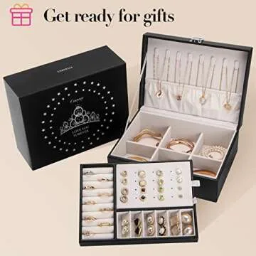 COOYUY Jewelry Box for Women Girls Wife Ideal Gift, Double Layer Jewelry Organizer Display Earrings Bracelets Rings Necklaces, PU Leather & Soft Velvet Lined Jewelry Storage Case, Black