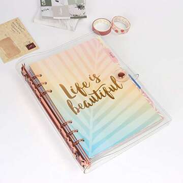 Multibey A5 A6 6-Rings Binder Rings Journal Soft Clear Cover Transparent Shell for Loose Leaf Spiral Book Planner DIY Scrapbook Notebook (Rose Gold, A5)