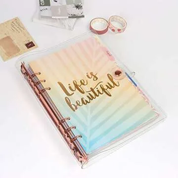 Multibey A5 A6 6-Rings Binder Rings Journal Soft Clear Cover Transparent Shell for Loose Leaf Spiral Book Planner DIY Scrapbook Notebook (Rose Gold, A5)