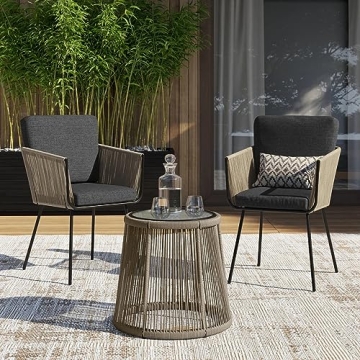 Barton 3 Pieces Wicker Chair Set w/Glass Table Gray Outdoor Patio Furniture Wicker Rattan Modern Con...