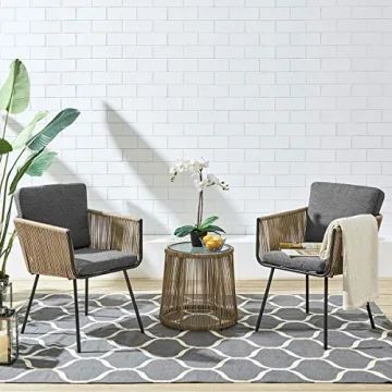 Barton 3 Pieces Wicker Chair Set w/Glass Table Gray Outdoor Patio Furniture Wicker Rattan Modern Conversation Chat Seating