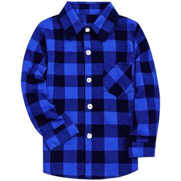 SANGTREE Boys Flannel Shirt Long Sleeve Button Down Plaid Shirt Blue Black, 10-11 Years = Tag 170