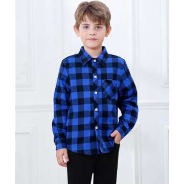 SANGTREE Boys Flannel Shirt Long Sleeve Button Down Plaid Shirt Blue Black, 10-11 Years = Tag 170
