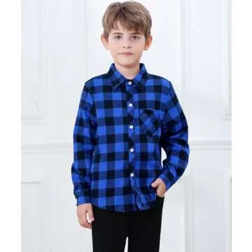 SANGTREE Boys Flannel Shirt Long Sleeve Button Down Plaid Shirt Blue Black, 10-11 Years = Tag 170