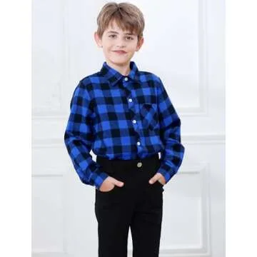 SANGTREE Boys Flannel Shirt Long Sleeve Button Down Plaid Shirt Blue Black, 10-11 Years = Tag 170