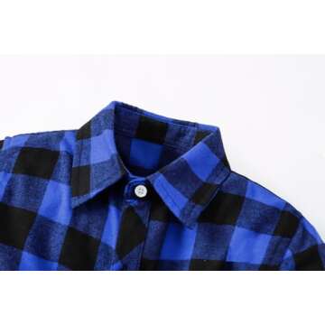 SANGTREE Boys Flannel Shirt Long Sleeve Button Down Plaid Shirt Blue Black, 10-11 Years = Tag 170