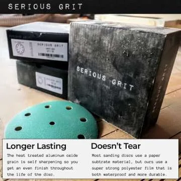Serious Grit - 5-Inch 9-Hole 120 Grit Sanding Discs - Heavy-Duty Hook & Loop Film Discs - Sandpaper for Random Orbital Sanders - 50 Pack Box