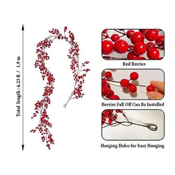 Red Berry Christmas Garland Decor for Home Berry Garland Decor for Indoor Outdoor Holiday Christmas ...