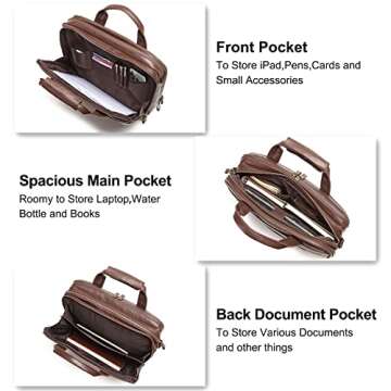 Bosidu Leather Briefcases for Men 15.6 Inch Laptop Messenger Bag with Triple Compartments Water-Resi...