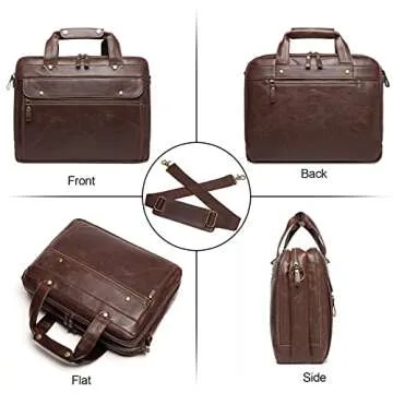 Bosidu Leather Briefcases for Men 15.6 Inch Laptop Messenger Bag with Triple Compartments Water-Resistant Computer Shoulder Bag for Business, Travel, Work, Office, Brown