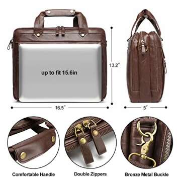 Bosidu Leather Briefcases for Men 15.6 Inch Laptop Messenger Bag with Triple Compartments Water-Resistant Computer Shoulder Bag for Business, Travel, Work, Office, Brown